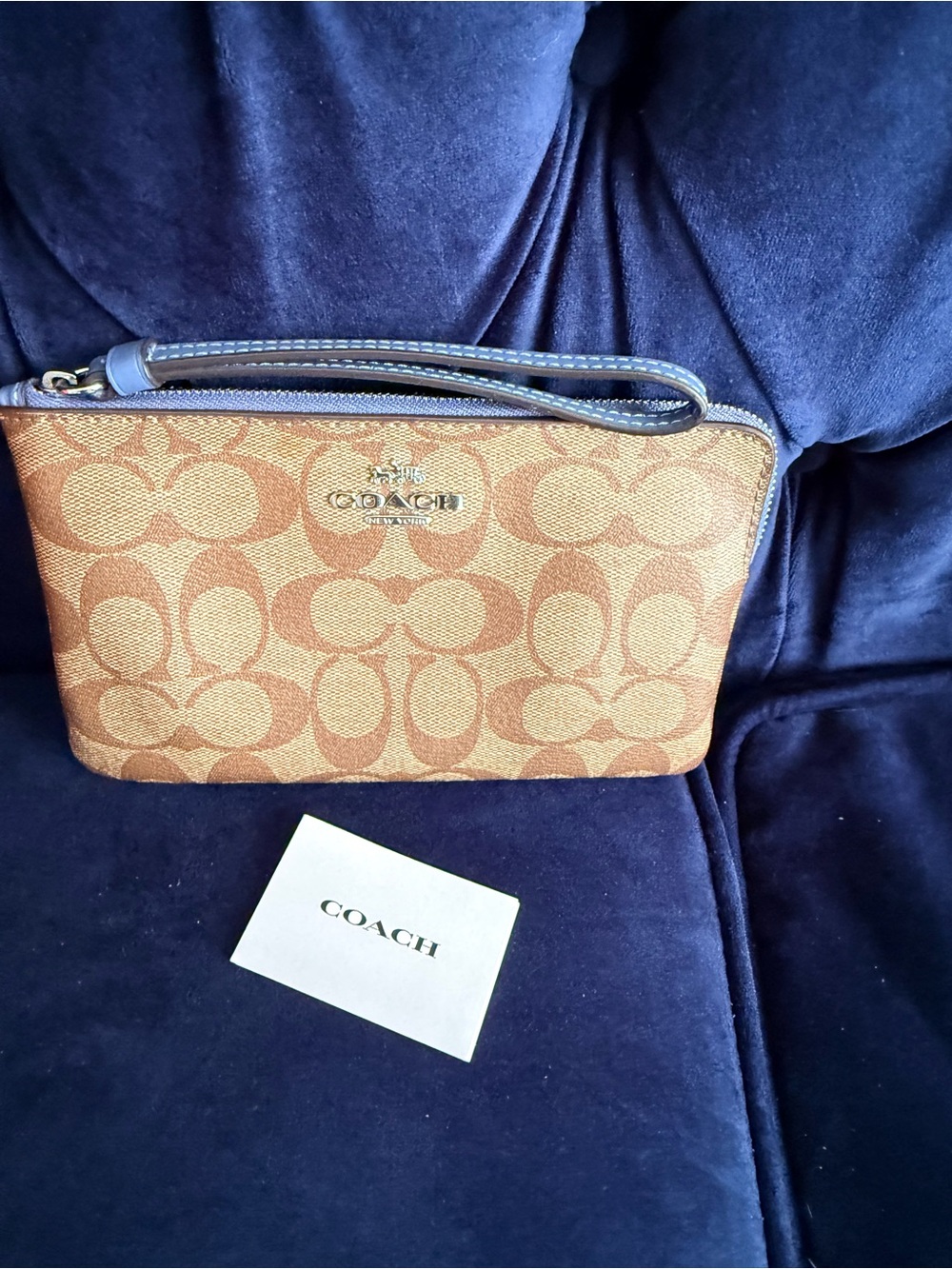 Coach Tan Signature Canvas Wristlet with Blue Leather Trim